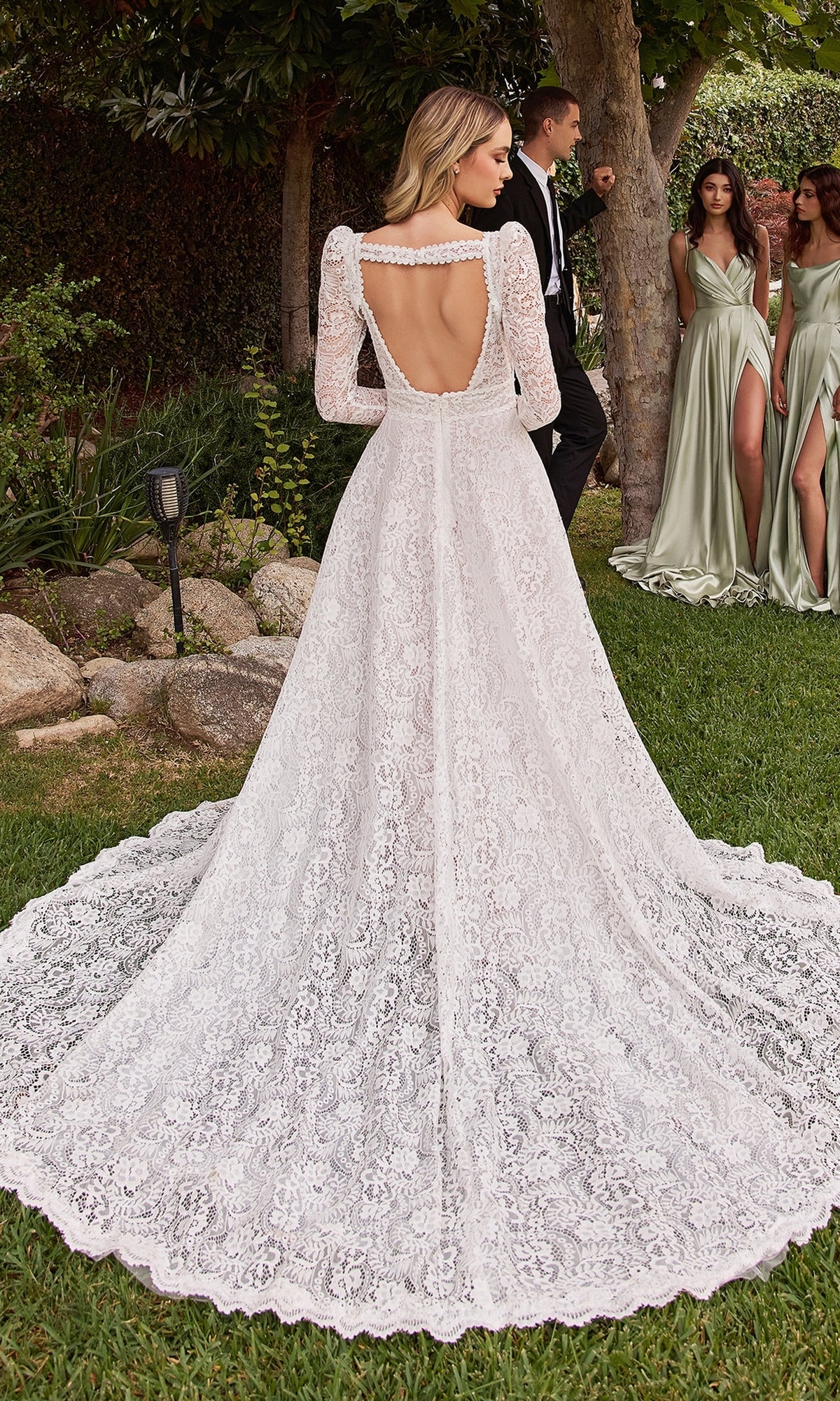 A woman wears the Ladivine A-Line Lace Wedding Dress CD862W with removable long sleeves, standing on grass with the train behind her; in the background are three people, two dressed in sage green.